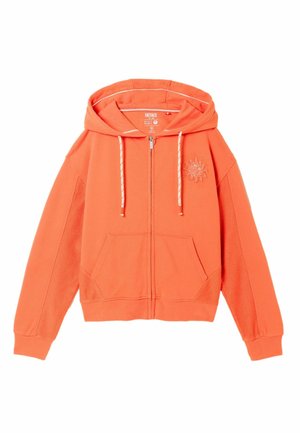 Hanorac portocaliu cu fermoar, șnururi, buzunare tip cangur și un design cu soare brodat pe pieptul stâng.