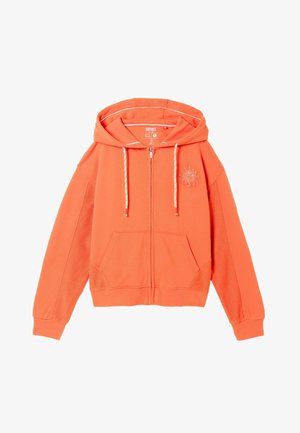 Orangefarbener Hoodie mit Reißverschluss, Kordelzügen, Kängurutaschen und einem auf der linken Brust aufgestickten Sonnendesign.
