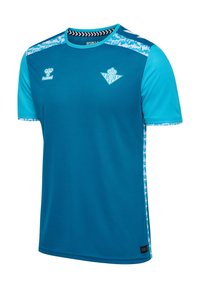 Blauwe sportieve t-shirt met korte mouwen, ronde hals en geometrisch patroon op de schouders. Bevat logo en branding aan de voorkant.