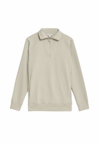 Beżowy sweter w stylu bluzy, wykonany z miękkiego materiału, z kołnierzem na pół-zamek, długimi rękawami oraz luźnym krojem z prostym dołem.