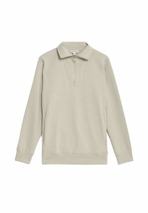 Beżowy sweter w stylu bluzy, wykonany z miękkiego materiału, z kołnierzem na pół-zamek, długimi rękawami oraz luźnym krojem z prostym dołem.