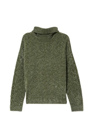 Grüner gestrickter Pullover mit hochformatigem Rippkragen, der ein strukturiertes Fischgratmuster und weite Ärmel aufweist. Weicher, dicker Stoff.