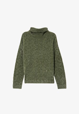Pull en tricot vert avec un col haut côtelé, présentant un motif en chevron texturé et de larges manches. Tissu doux et épais.
