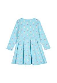 Langärmliges Kleid aus hellblauem Stoff mit einem wiederholten Muster von Eisdruckern in lila und rosa Akzenten. Ausgestellter Rock.