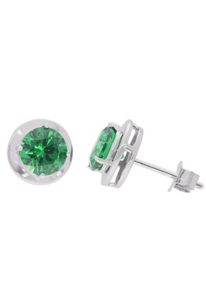 Silver stud earrings with round, faceted green gemstones held by four prongs, one shown front view and one side view.