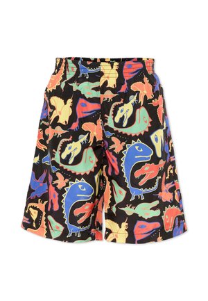 Pantaloncini neri con motivi astratti di dinosauri colorati in blu, rosso, giallo e verde, dotati di cintura elastica e taglio fino al ginocchio.