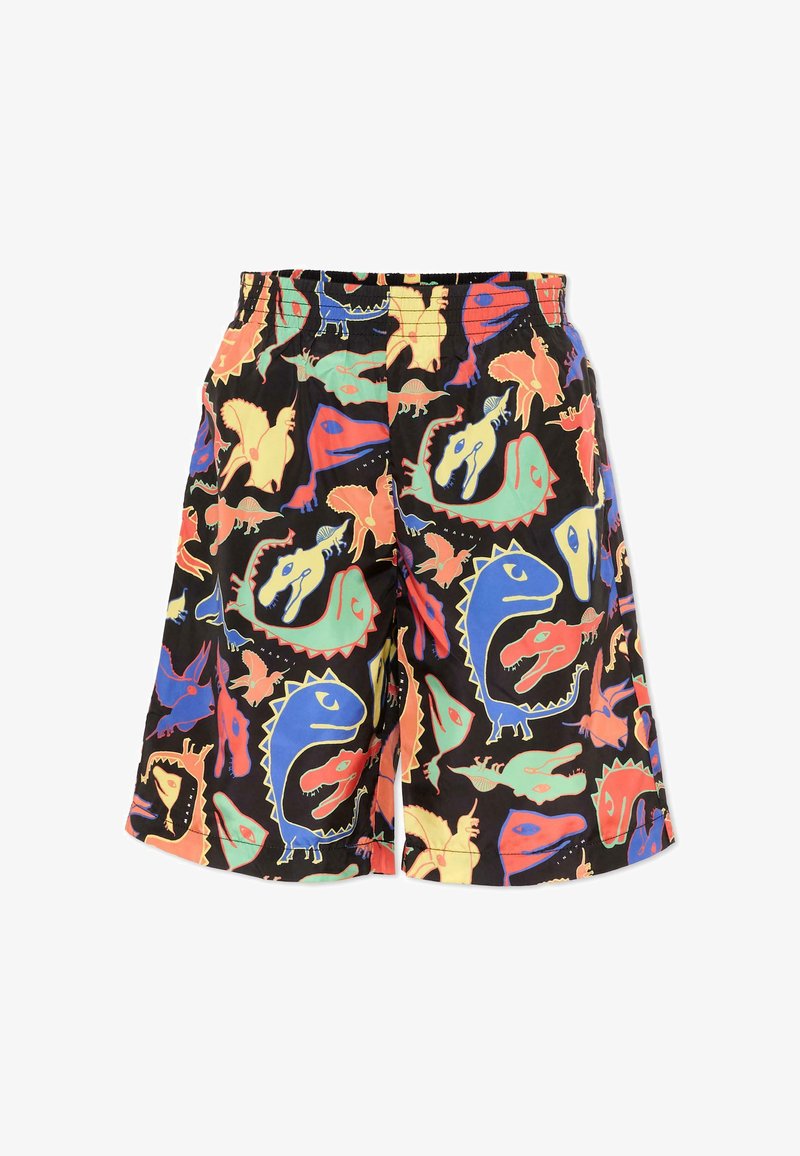 Pantaloncini neri con motivi astratti di dinosauri colorati in blu, rosso, giallo e verde, dotati di cintura elastica e taglio fino al ginocchio.