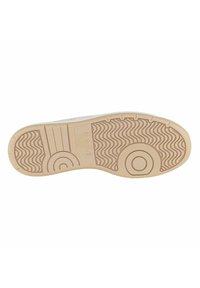 Suola di una sneaker, caratterizzata da un motivo di battistrada ondulato, colore beige chiaro e nome del marchio in rilievo al centro. Materiale in gomma texturizzata.