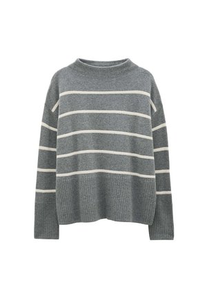Maglione grigio lavorato a maglia con strisce bianche orizzontali, scollatura tonda, polsini e orlo a costine. Vestibilità comoda con una consistenza morbida.