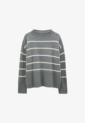 Maglione grigio lavorato a maglia con strisce bianche orizzontali, scollatura tonda, polsini e orlo a costine. Vestibilità comoda con una consistenza morbida.