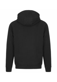 Felpa nera con cappuccio, dal morbido tessuto, maniche raglan e polsini e orlo a costine. Design semplice senza ulteriori modelli o accenti.