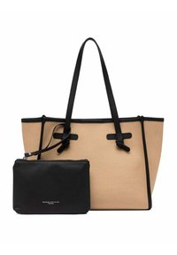 Beige canvas draagtas met zwarte leren details en handvatten, voorzien van een afneembare zwarte ritstasje. Minimalistisch ontwerp.