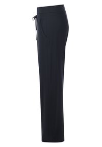 Schwarze, leichte, gerade geschnittene Hose mit einem elastischen Bund, Kordelzug und seitlichen Taschen. Glatte Textur, minimalistisches Design.