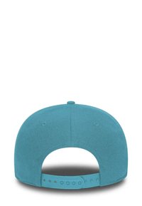 Turquoise snapback cap featuring a structured crown, smooth fabric texture, and adjustable plastic strap at the back.