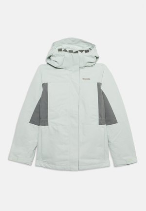 Veste d'hiver gris clair avec panneaux latéraux gris foncé, fermeture éclair à l'avant, capuche et logo Columbia sur la poitrine.