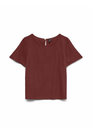 Damesblouse met korte mouwen in donkerroodbruin met ronde halslijn en enkele knoopsluiting aan de achterkant.