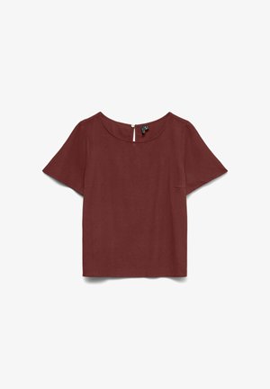 Blusa de mujer de manga corta en marrón rojizo oscuro con escote redondo y cierre con un solo botón en la parte trasera.