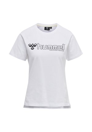 T-shirt blanc à manches courtes avec logo "hummel" noir et icône d'abeille sur la poitrine, col rond et coupe régulière.