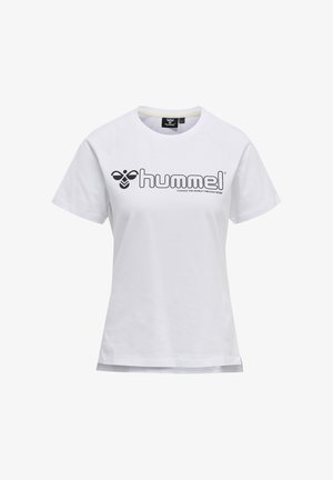Witte T-shirt met korte mouwen met zwart "hummel" logo en bij-icoon op de borst, ronde hals en reguliere pasvorm.