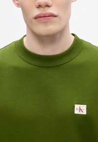 Sweatshirt verde de gola redonda com um acabamento texturizado, apresentando um pequeno emblema da Calvin Klein em branco na área do peito esquerdo.