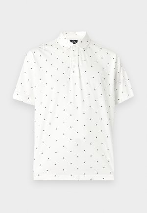 White short-sleeve polo shirt with small black "A|X" logo pattern all over and a three-button placket at the collar.
