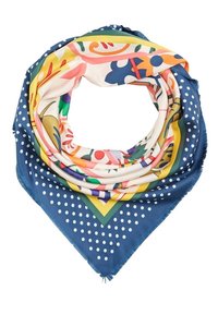 Écharpe en soie bleue, présentant un mélange de motifs floraux et géométriques en rose, jaune et vert, avec des pois blancs le long du bord.