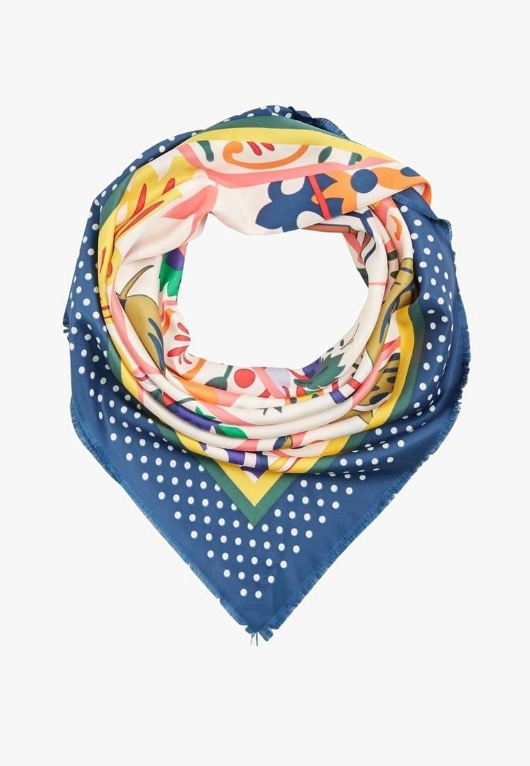 Écharpe en soie bleue, présentant un mélange de motifs floraux et géométriques en rose, jaune et vert, avec des pois blancs le long du bord.