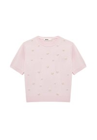 Kurzarmpullover in Rosa aus weichem Strick, mit gleichmäßig verteilten, floralen Perlenverzierungen auf der Vorderseite und gerippten Bündchen.