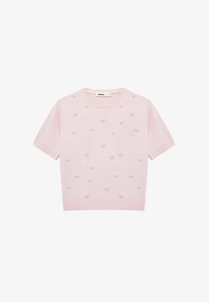 Kurzarmpullover in Rosa aus weichem Strick, mit gleichmäßig verteilten, floralen Perlenverzierungen auf der Vorderseite und gerippten Bündchen.
