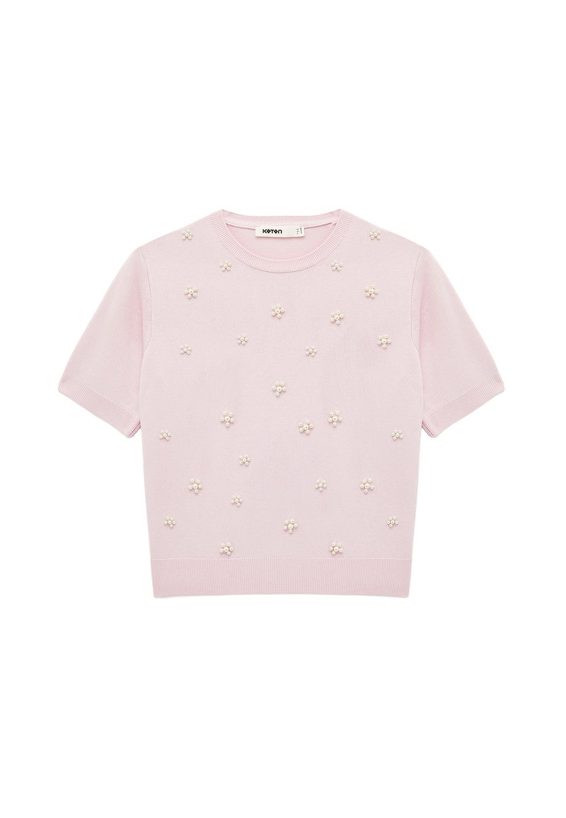 Kurzarmpullover in Rosa aus weichem Strick, mit gleichmäßig verteilten, floralen Perlenverzierungen auf der Vorderseite und gerippten Bündchen.