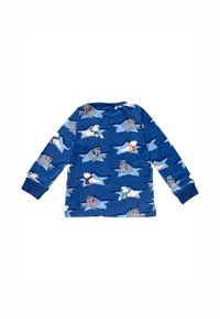 Blue cotton long-sleeve shirt featuring cartoon polar bears and walruses on ice floes, with contrasting cuffs in a solid blue color.