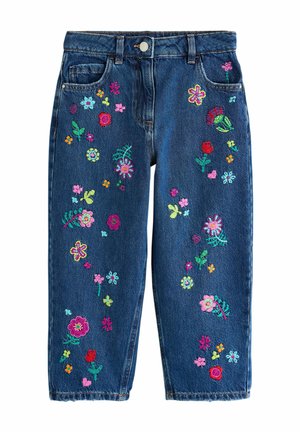 Niebieskie jeansy z denimu z kolorowymi haftowanymi kwiatami rozrzuconymi na przednich nogawkach, z przednimi kieszeniami, szlufkami na pasek i zapięciem na guzik.