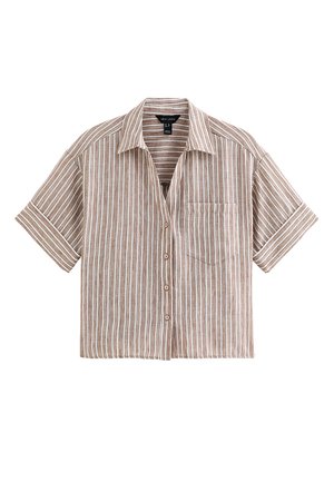 Chemise à manches courtes boutonnée avec col et poche poitrine, rayée verticalement en marron et blanc, présentée à plat sur un fond blanc.