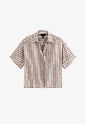 Chemise à manches courtes boutonnée avec col et poche poitrine, rayée verticalement en marron et blanc, présentée à plat sur un fond blanc.