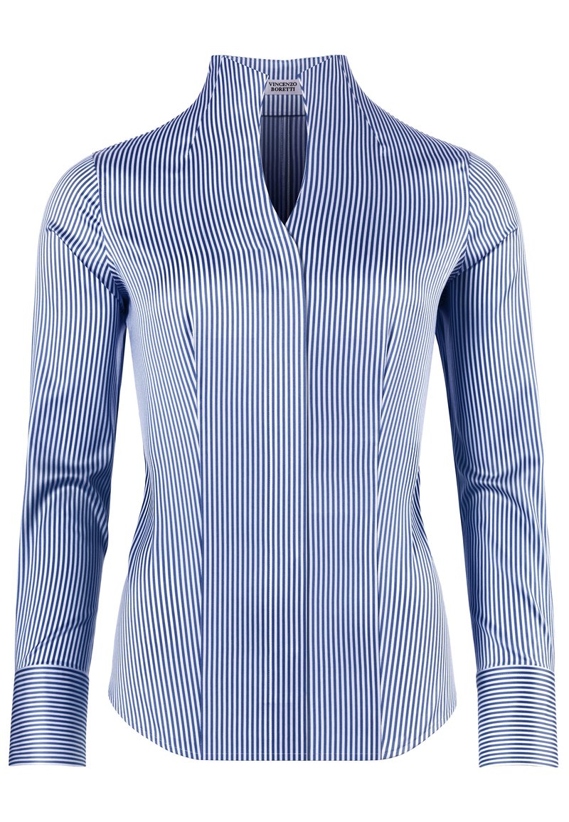 Blusa a maniche lunghe con righe blu e bianche, colletto a V, realizzata in un tessuto liscio. Presenta una vestibilità sartoriale e polsini a contrasto.