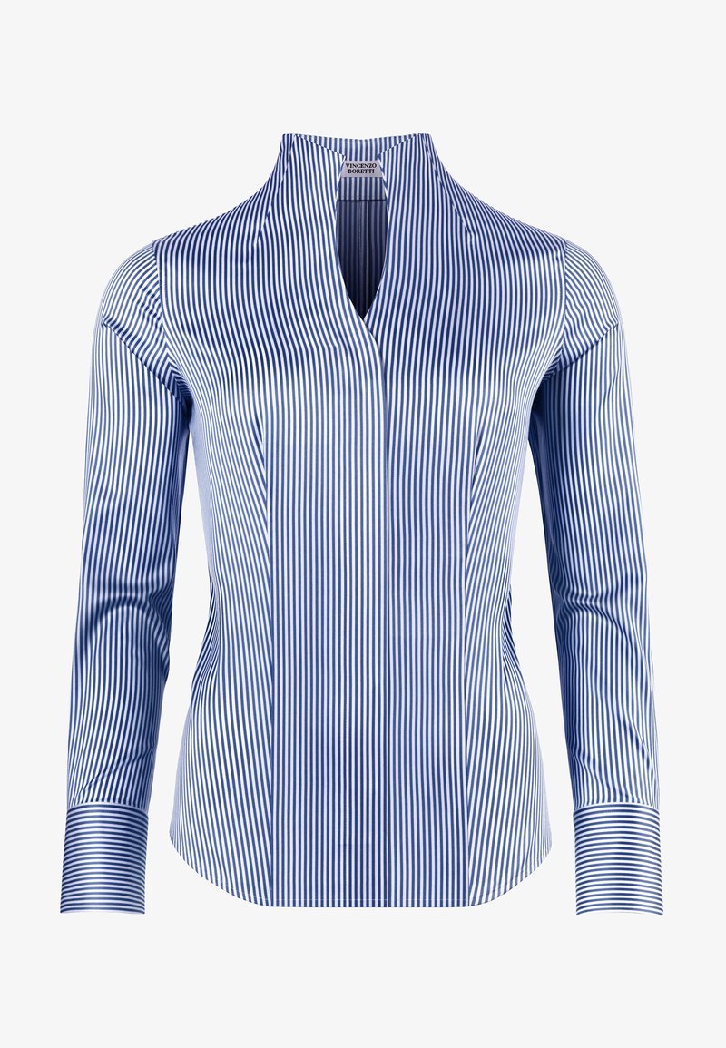 Blusa a maniche lunghe con righe blu e bianche, colletto a V, realizzata in un tessuto liscio. Presenta una vestibilità sartoriale e polsini a contrasto.
