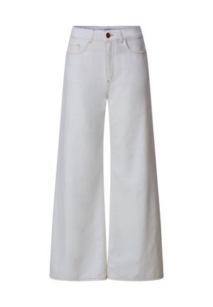 Weisse Jeans mit hoher Taille und weitem Bein, vorne mit Knöpfen, Reißverschluss und Fünf-Taschen-Design.