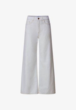 Balti džinsai iš džinso medžiagos, aukštu liemeniu, plačiomis kojomis, priekyje su sagomis, užtrauktuku ir penkių kišenių stiliumi.