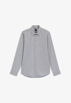 Pasiasta koszula zapinana na guziki w jasnoniebieskim i białym kolorze, wykonana z bawełny, z szerokim kołnierzem, długimi rękawami i zaokrąglonym dołem.