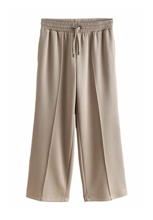 Pantaloni beige a gamba larga realizzati in tessuto morbido. Presentano una cintura elasticizzata, chiusura con cordino e vestibilità comoda con pieghe frontali.