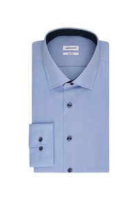 Camicia azzurra chiara con colletto a bottoni, polsini singoli, bottoni scuri e fodera interna del colletto a pois in contrasto.