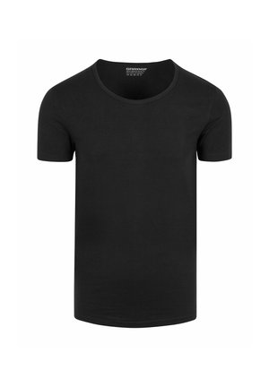 Effen zwart T-shirt met korte mouwen en ronde hals, weergegeven op een witte achtergrond, label zichtbaar aan de binnenkant van de kraag.
