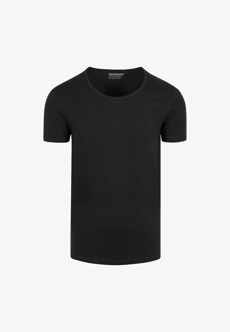 Plain black short-sleeve t-shirt with round neckline, displayed on a white background, label visible inside the collar.