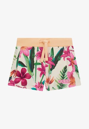 Blomstrede shorts med en lys ferskenfarvet talje, der har levende pink, grønne og gule blomster mønstre. Brandnavn "GUESS" trykt i pink.