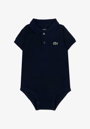 Body per neonati blu navy con maniche corte, colletto polo, due bottoni e un piccolo logo di coccodrillo verde sul petto.