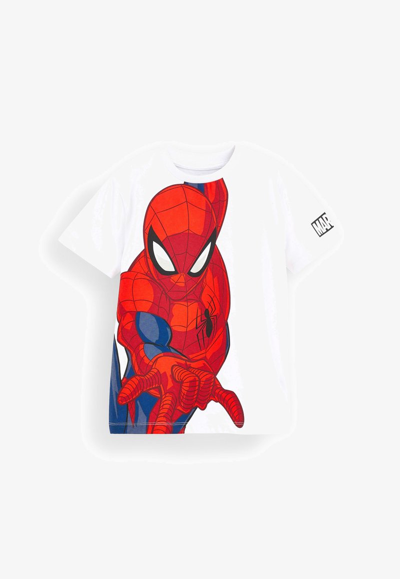 Balta medvilnės marškinėliai su dideliu raudonu ir mėlynu Žmogaus voro grafikos piešiniu priekyje, su juodais akcentais ir "MARVEL" logotipu ant rankovės.