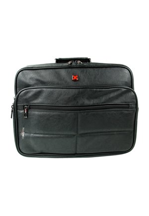 Black leather laptop bag with two front zippered pockets, a textured finish, top handle, and a small red logo on the front.