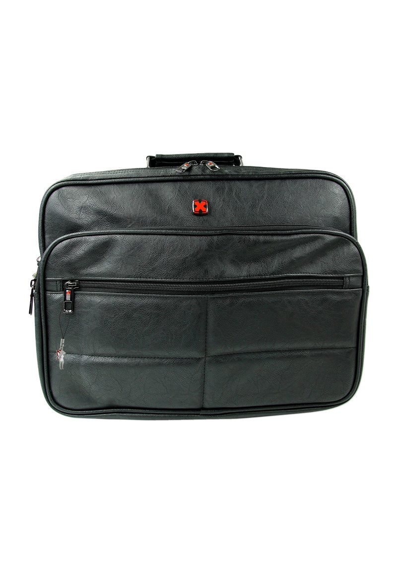 Zwarte leren laptoptas met twee voorste ritszakken, een gestructureerde afwerking, handvat aan de bovenkant en een klein rood logo aan de voorkant.