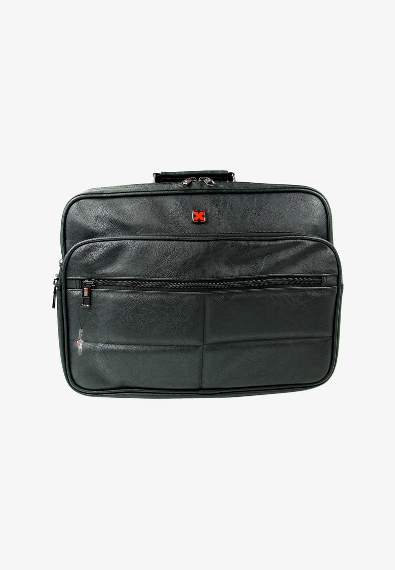 Zwarte leren laptoptas met twee voorste ritszakken, een gestructureerde afwerking, handvat aan de bovenkant en een klein rood logo aan de voorkant.