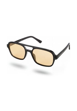 Schwarze rechteckige Sonnenbrille mit bernsteinfarben getönten Gläsern und Doppelsteg-Design, vor weißem Hintergrund gezeigt.